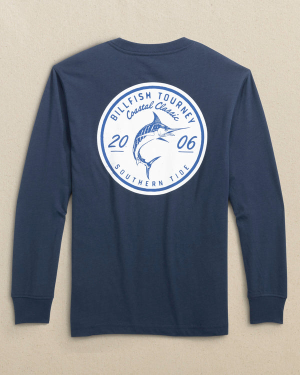 The back view of the Southern Tide Kids Billfish Tourney Long Sleeve T-Shirt by Southern Tide - Dress Blue