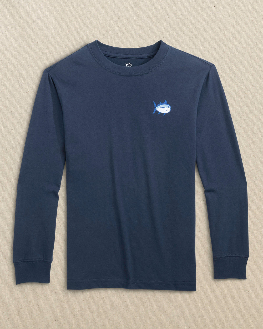 The front view of the Southern Tide Kids Billfish Tourney Long Sleeve T-Shirt by Southern Tide - Dress Blue