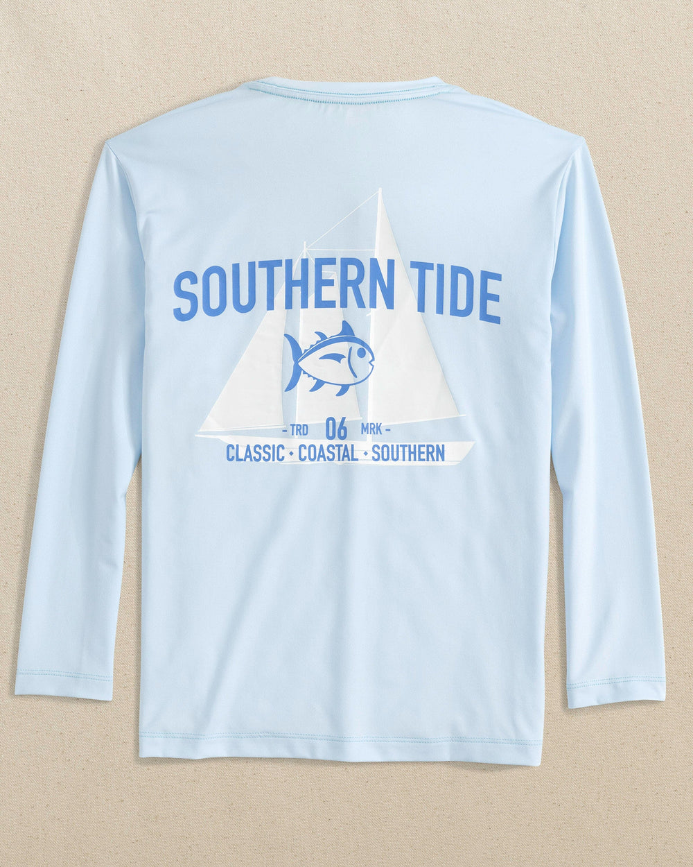 The back view of the Southern Tide Kids Blue Sails Long Sleeve Performance T-Shirt by Southern Tide - Dewdrop Blue