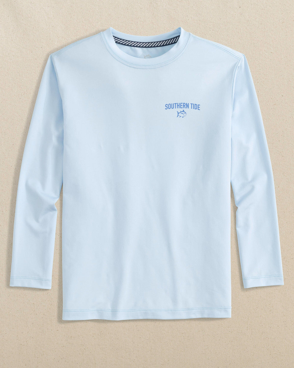 The front view of the Southern Tide Kids Blue Sails Long Sleeve Performance T-Shirt by Southern Tide - Dewdrop Blue