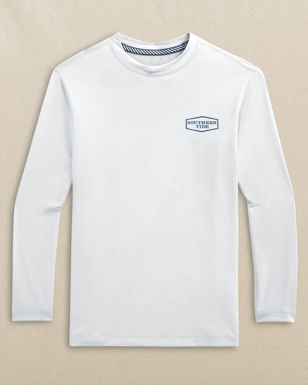 The front view of the Southern Tide Kids Bow Tie Box Performance Long Sleeve T-Shirt by Southern Tide - Classic White