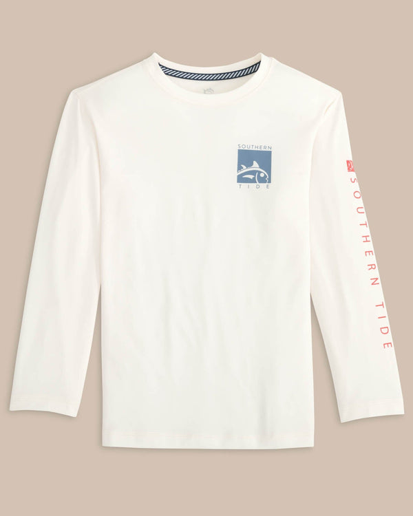 The front view of the Southern Tide Kids Boxed Chest Performance Long Sleeve T-Shirt by Southern Tide - Sand White