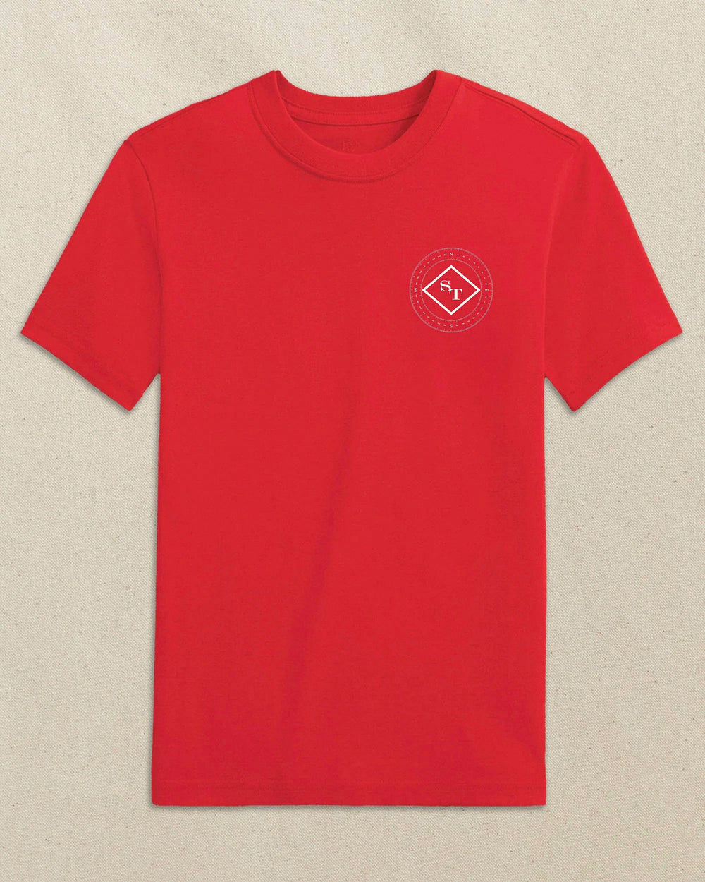 The front view of the Southern Tide Kids Compass Short Sleeve T-Shirt by Southern Tide - Channel Marker Red