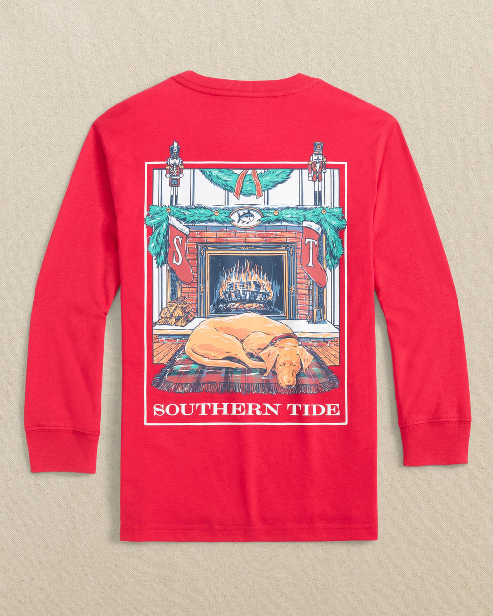 The back view of the Southern Tide Kids Cozy Fireplace Long Sleeve T-Shirt by Southern Tide - Crab Red