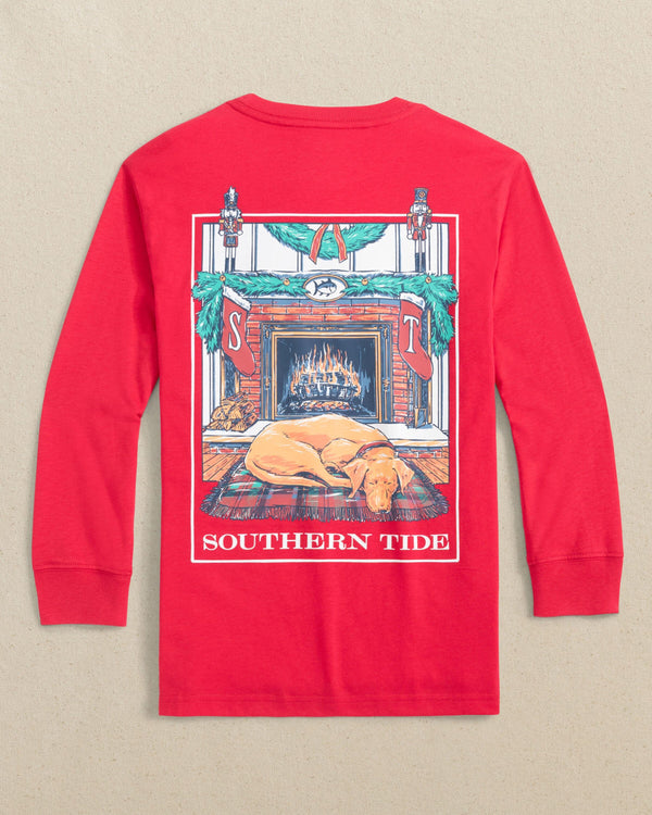 The back view of the Southern Tide Kids Cozy Fireplace Long Sleeve T-Shirt by Southern Tide - Crab Red