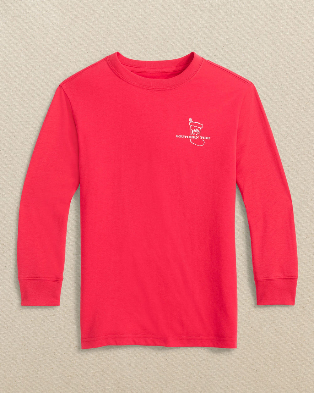 The front view of the Southern Tide Kids Cozy Fireplace Long Sleeve T-Shirt by Southern Tide - Crab Red