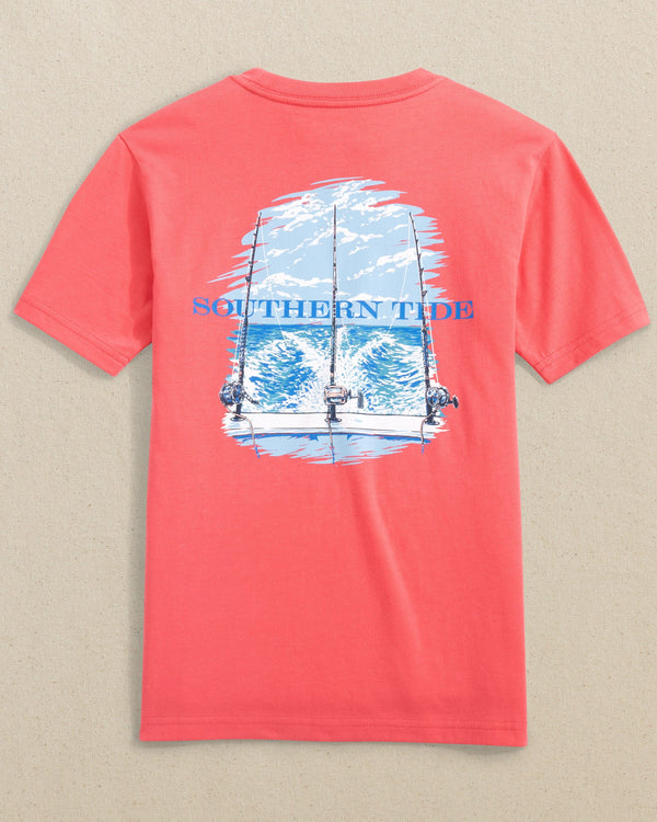 The back view of the Southern Tide Kids Deep Sea Trolling Short Sleeve T-Shirt by Southern Tide - Sunkist Coral