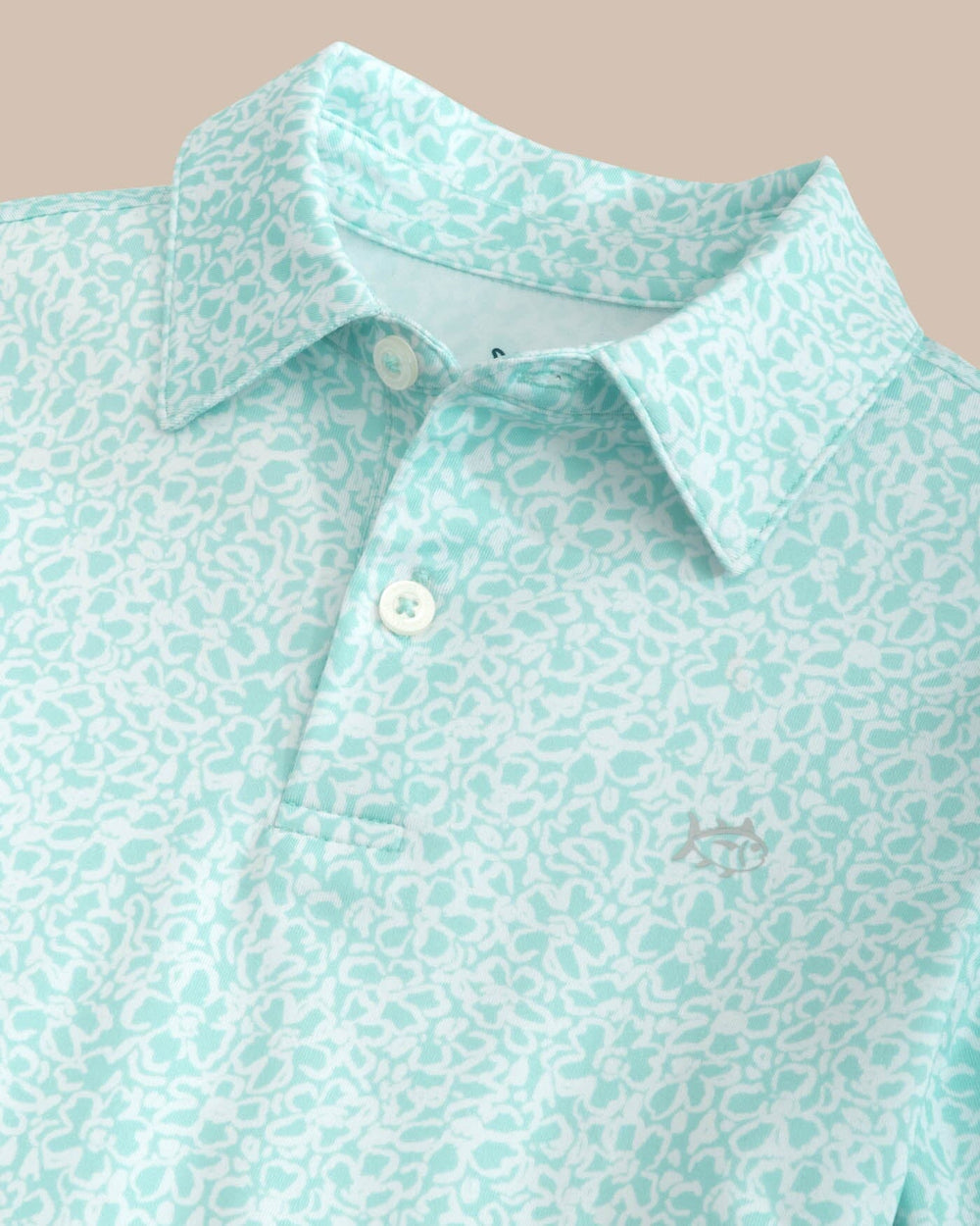 The detail view of the Southern Tide Kids Driver That Floral Feeling Printed Polo by Southern Tide - Wake Blue