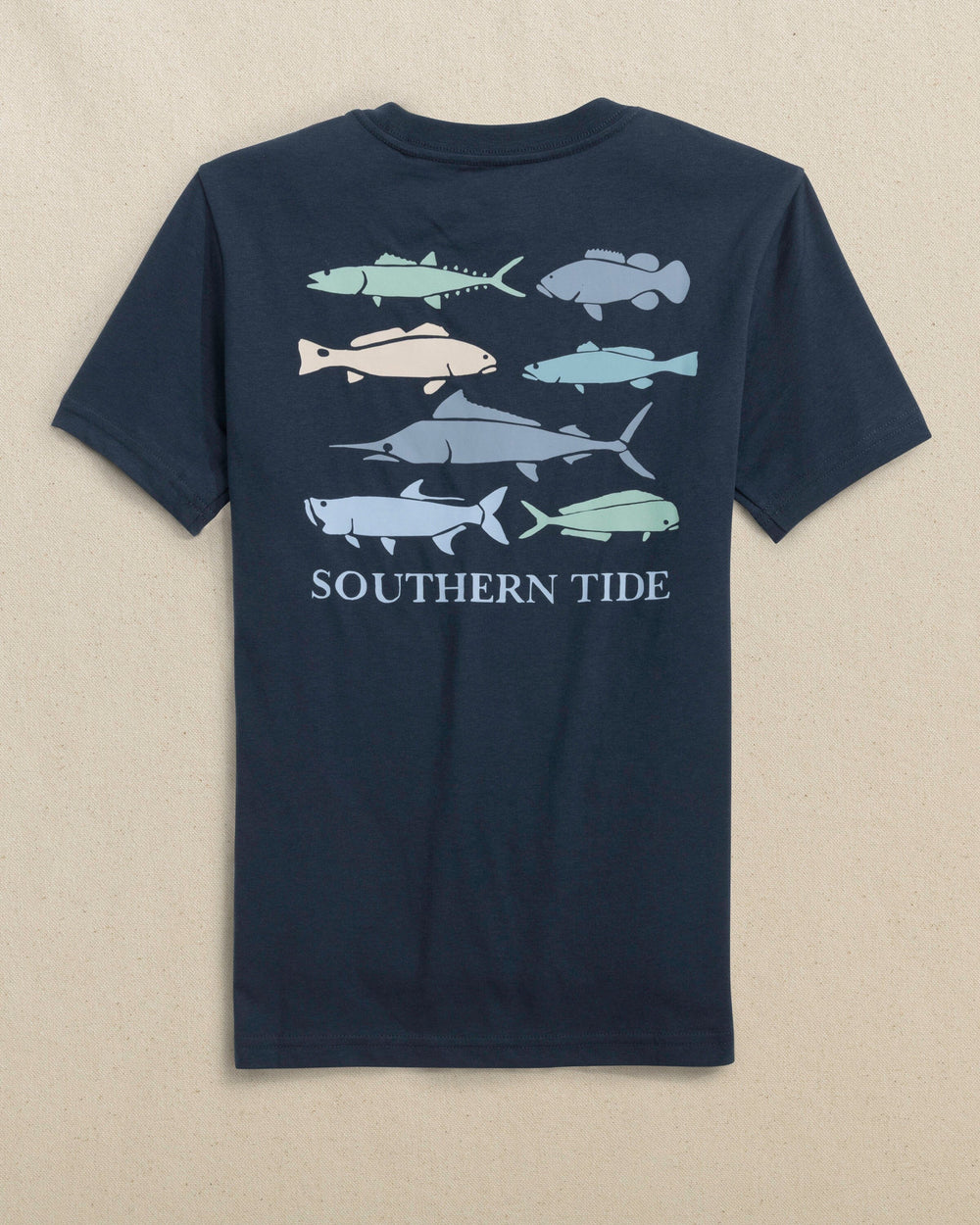 The back view of the Southern Tide Kids Fish Stamp Short Sleeve T-Shirt by Southern Tide - Dress Blue