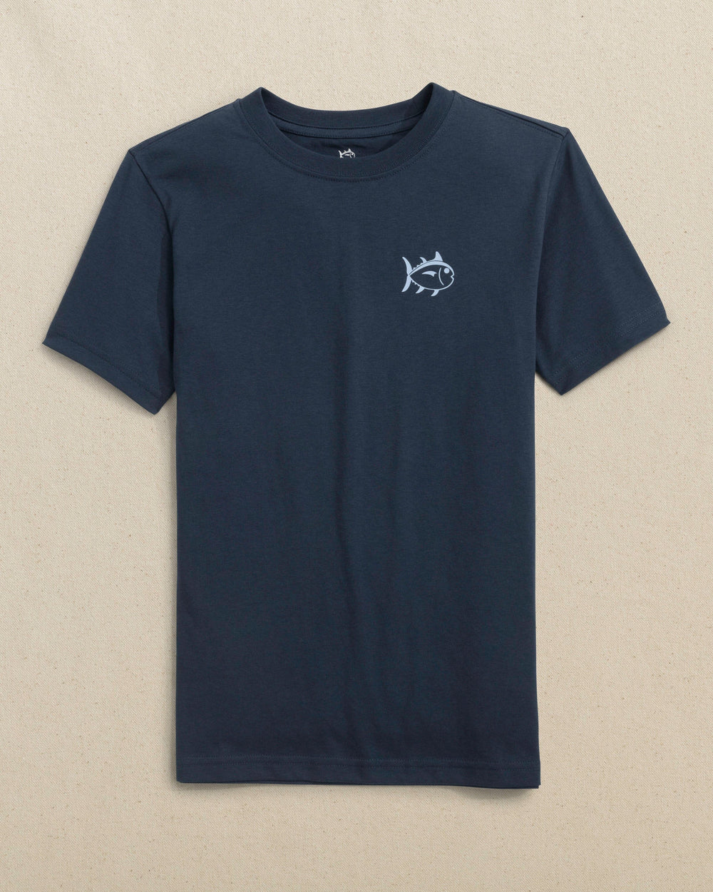 The front view of the Southern Tide Kids Fish Stamp Short Sleeve T-Shirt by Southern Tide - Dress Blue