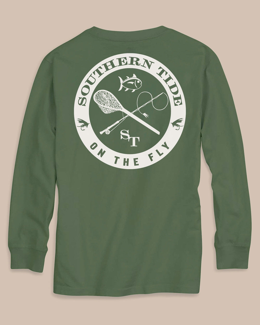The back view of the Southern Tide Kids Fly Fishing Badge Long Sleeve T-Shirt by Southern Tide - Cedar Green