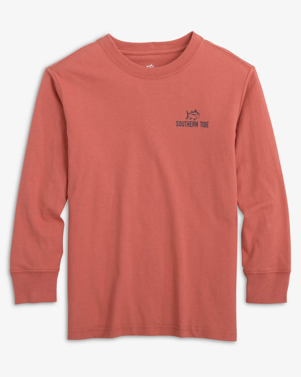 The front view of the Southern Tide Kids Gradient Tent Long Sleeve T-Shirt by Southern Tide - Dusty Coral
