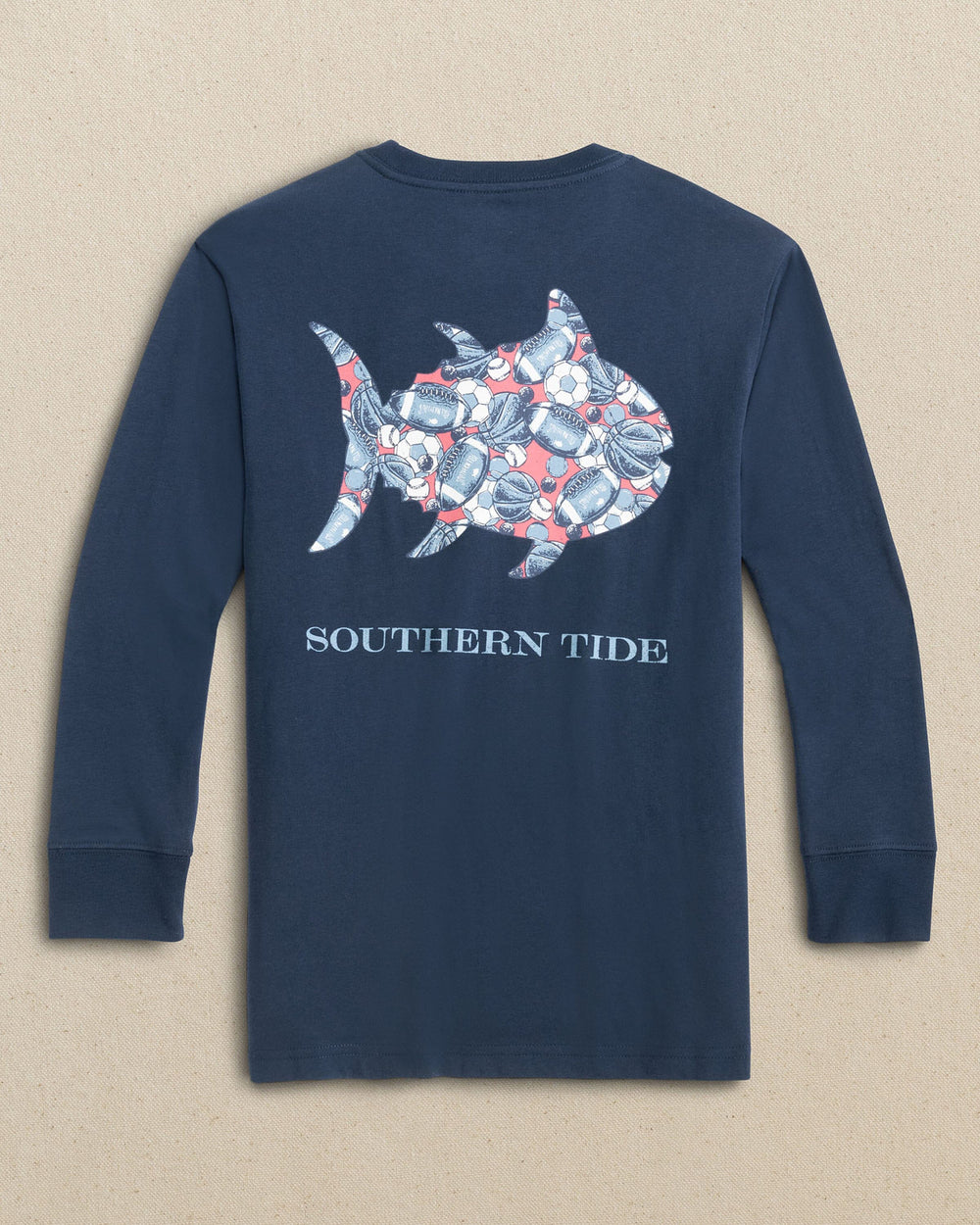 The back view of the Southern Tide Kids Having A Ball Long Sleeve T-Shirt by Southern Tide - Dress Blue