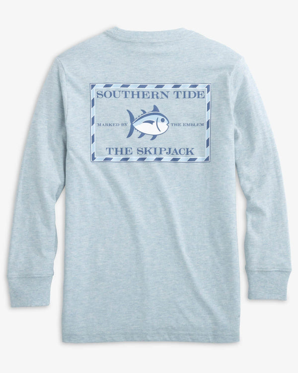 The back view of the Southern Tide Kids Heather Original Skipjack Long Sleeve T-Shirt by Southern Tide - Heather Dream Blue
