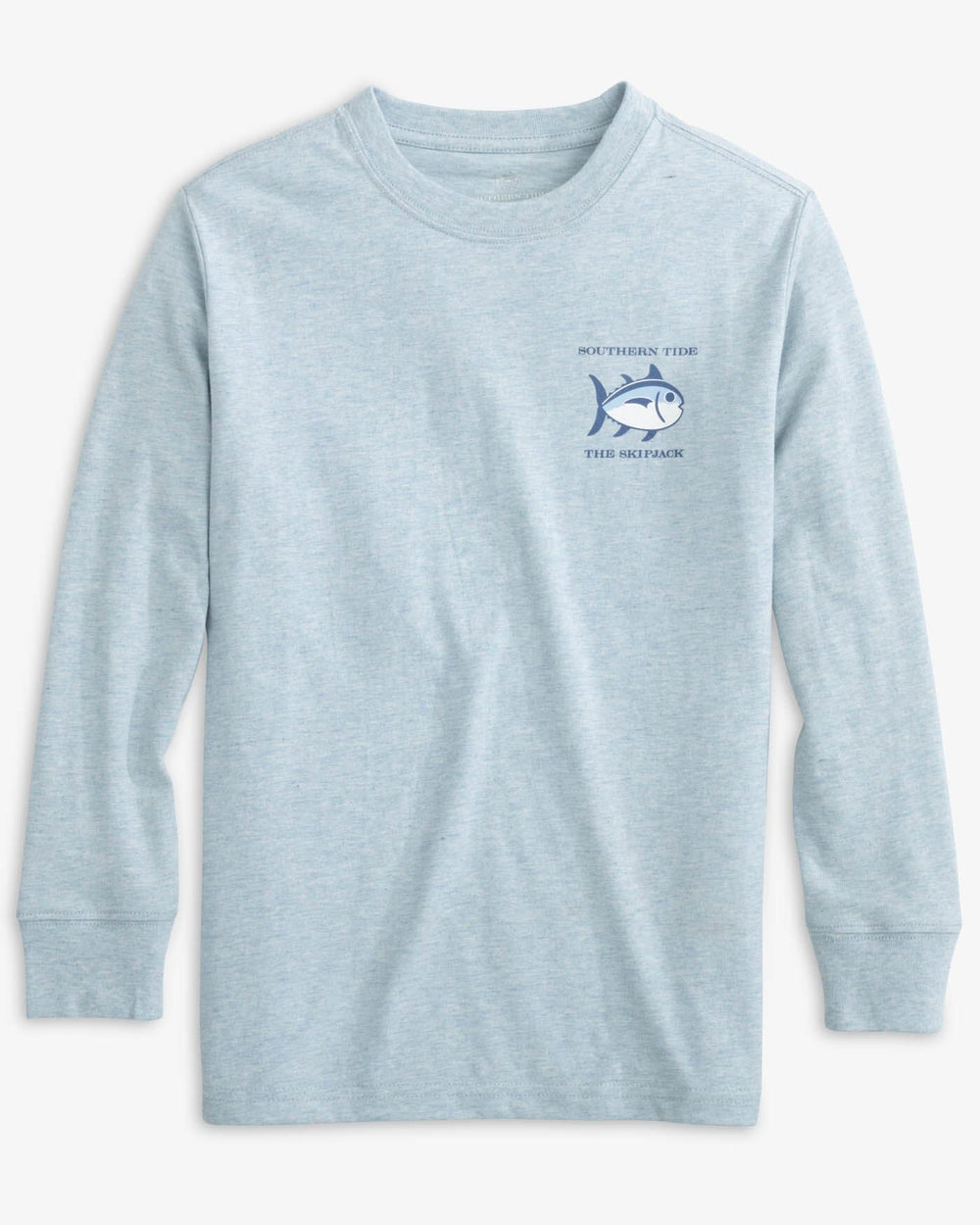 The front view of the Southern Tide Kids Heather Original Skipjack Long Sleeve T-Shirt by Southern Tide - Heather Dream Blue