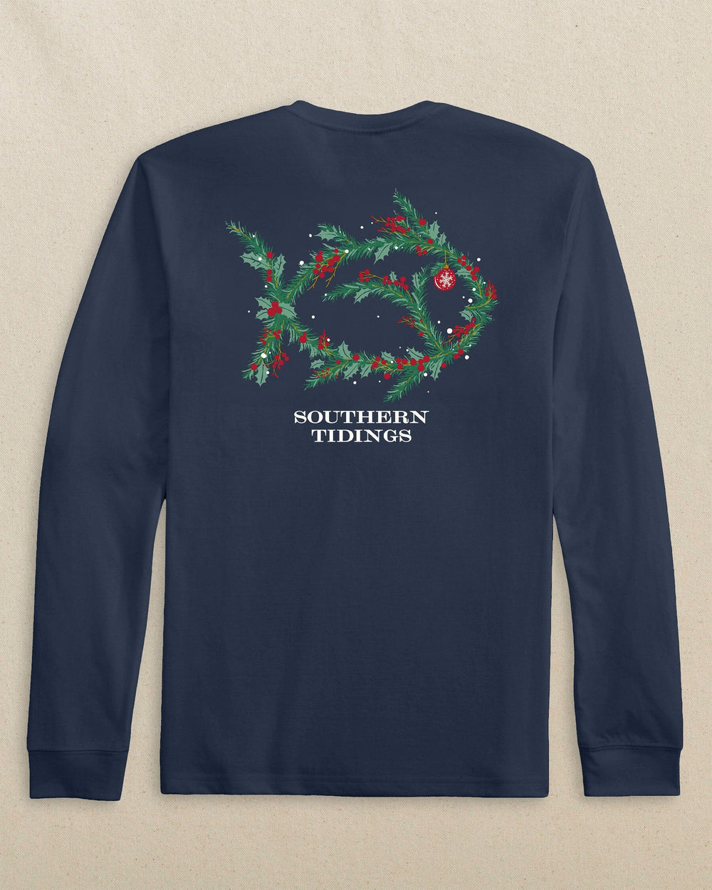 The back view of the Southern Tide Kids Holiday Skipjack Wreath Long Sleeve T-Shirt by Southern Tide - Dress Blue