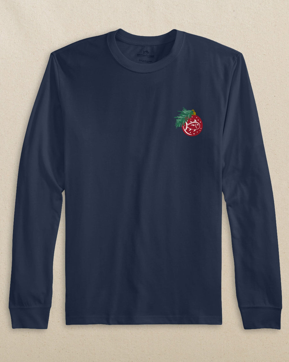 The front view of the Southern Tide Kids Holiday Skipjack Wreath Long Sleeve T-Shirt by Southern Tide - Dress Blue
