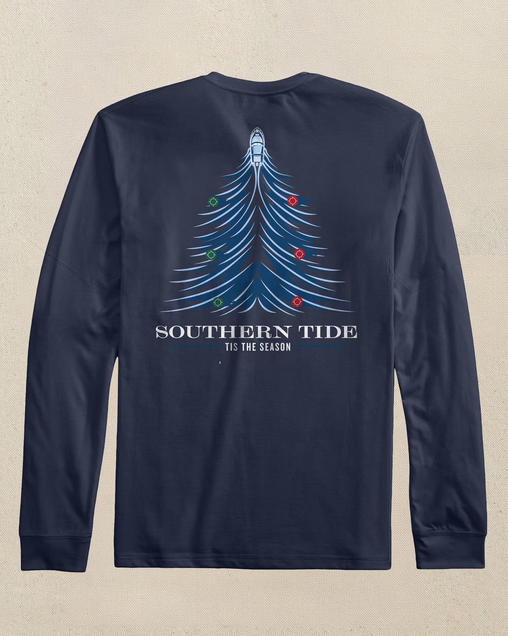 The back view of the Southern Tide Kids Holiday Waves Tree Long Sleeve T-Shirt by Southern Tide - Dress Blue
