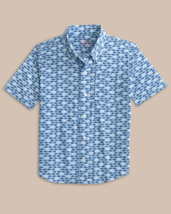 The front view of the Southern Tide Kids Intercoastal Heather Skipping Jacks Short Sleeve Sport Shirt by Southern Tide - Heather Clearwater Blue