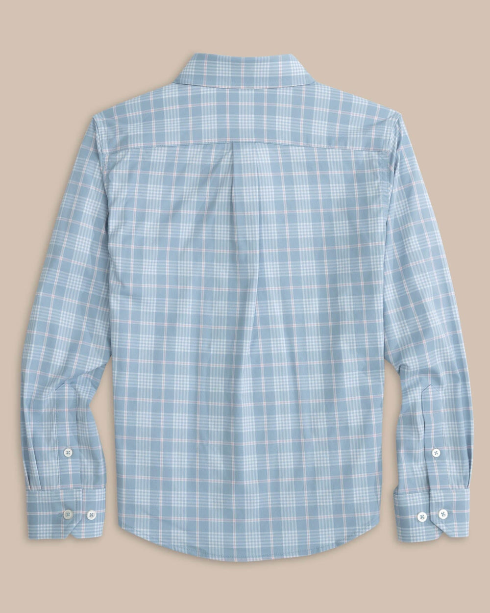 The back view of the Southern Tide Kids Intercoastal Primrose Plaid Long Sleeve Sport Shirt by Southern Tide - Subdued Blue