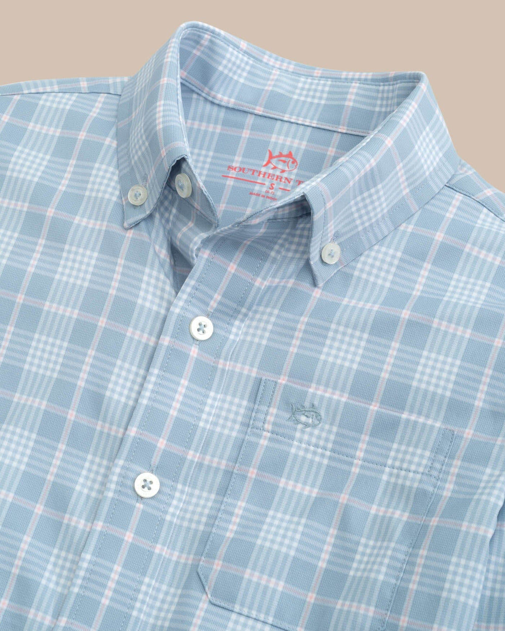 The detail view of the Southern Tide Kids Intercoastal Primrose Plaid Long Sleeve Sport Shirt by Southern Tide - Subdued Blue