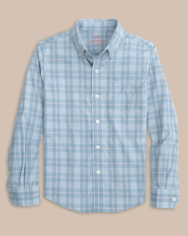 The front view of the Southern Tide Kids Intercoastal Primrose Plaid Long Sleeve Sport Shirt by Southern Tide - Subdued Blue