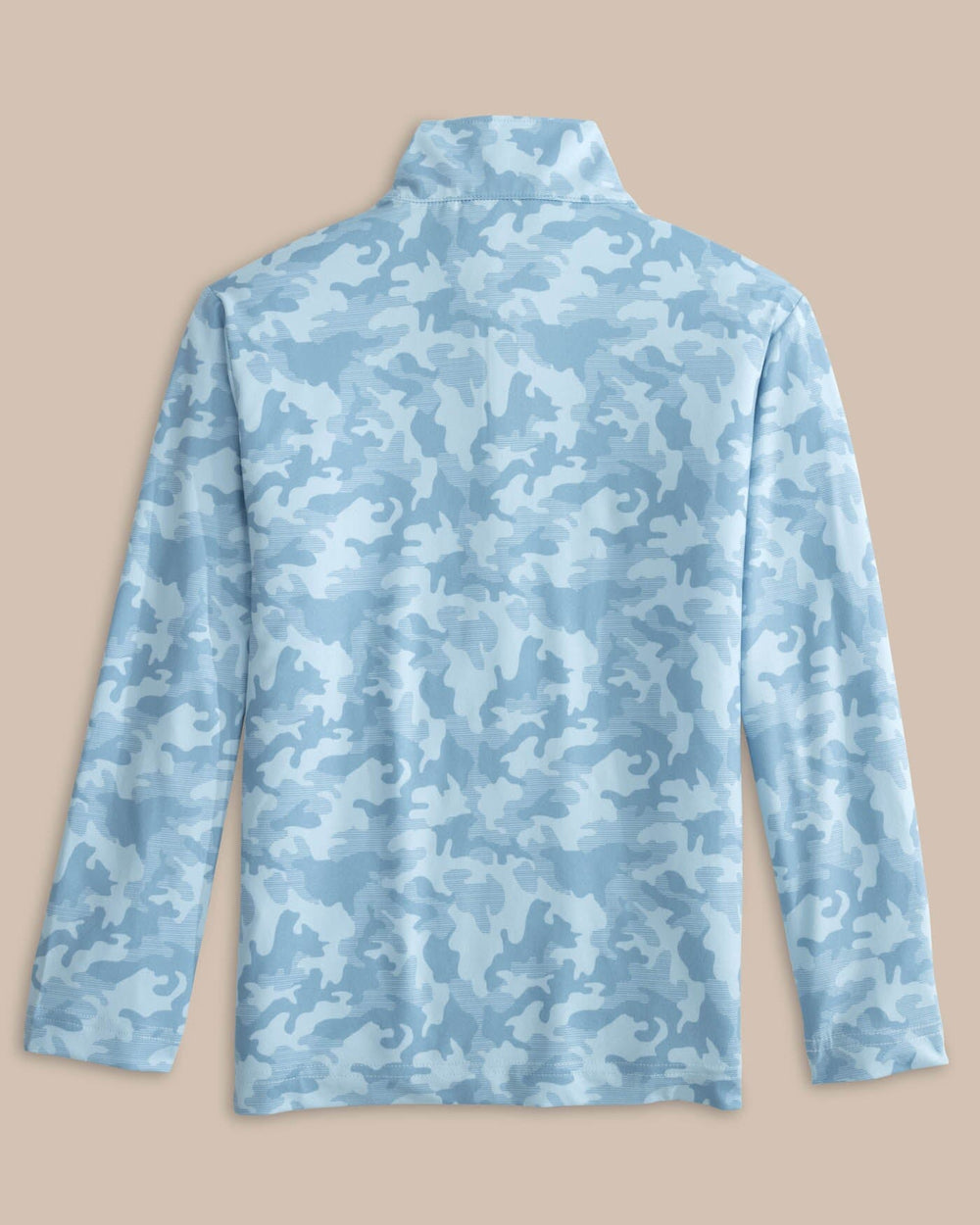 The back view of the Southern Tide Kids Island Camo Print Cruiser Quarter Zip by Southern Tide - Clearwater Blue