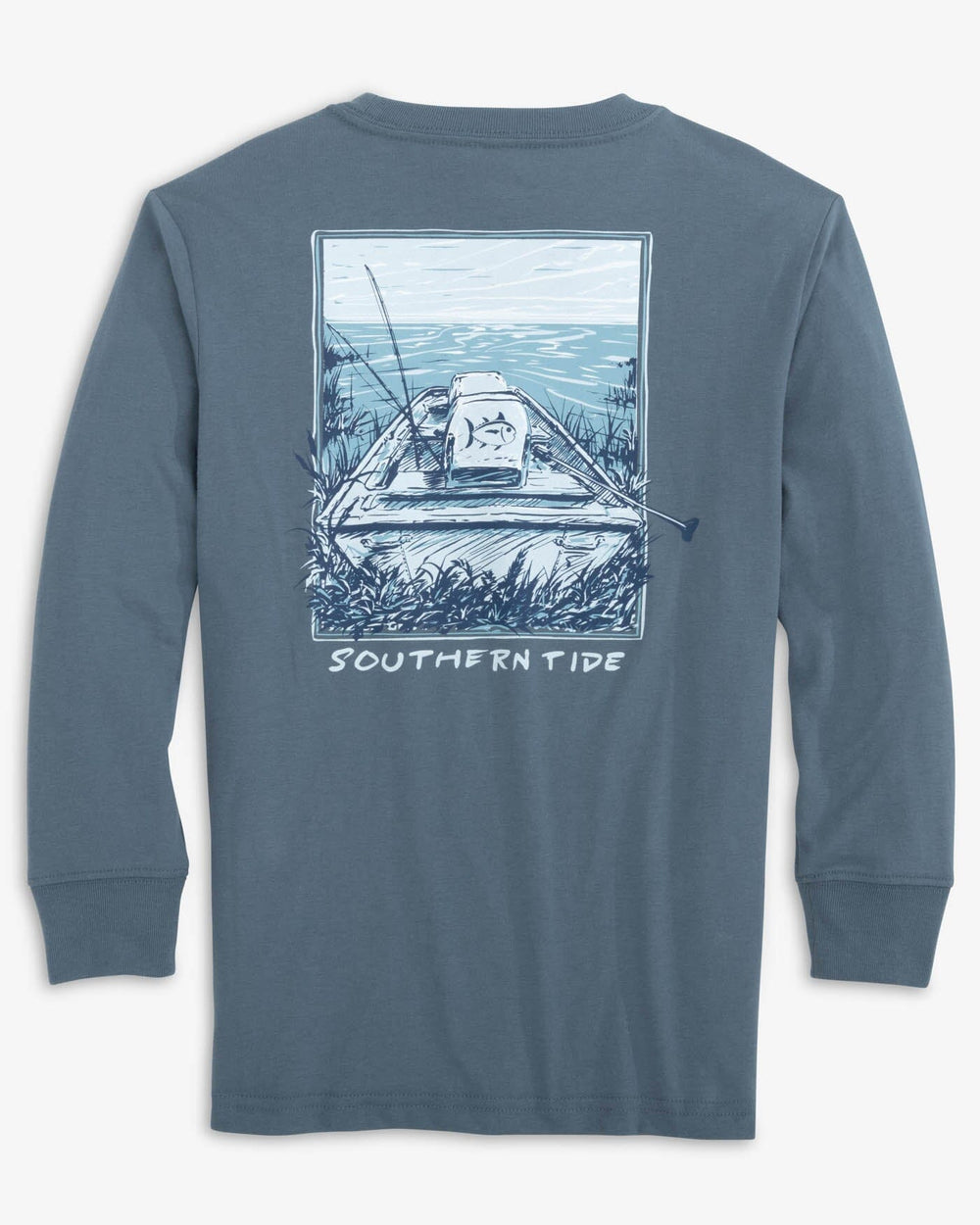 The back view of the Southern Tide Kids Jon Boat Fishing Long Sleeve T-Shirt by Southern Tide - Blue Haze