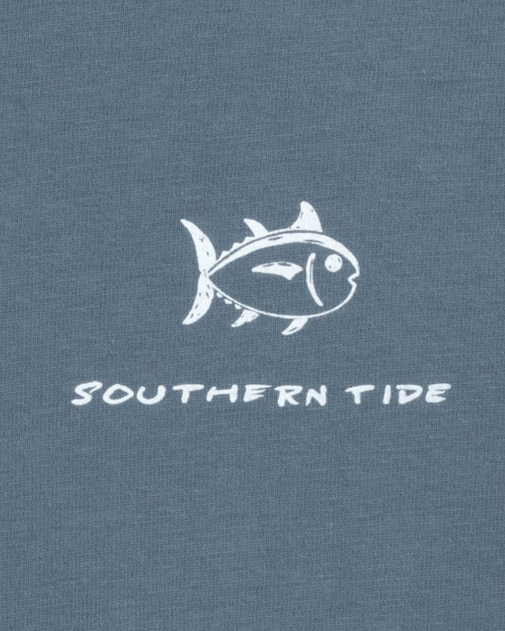 The detail view of the Southern Tide Kids Jon Boat Fishing Long Sleeve T-Shirt by Southern Tide - Blue Haze