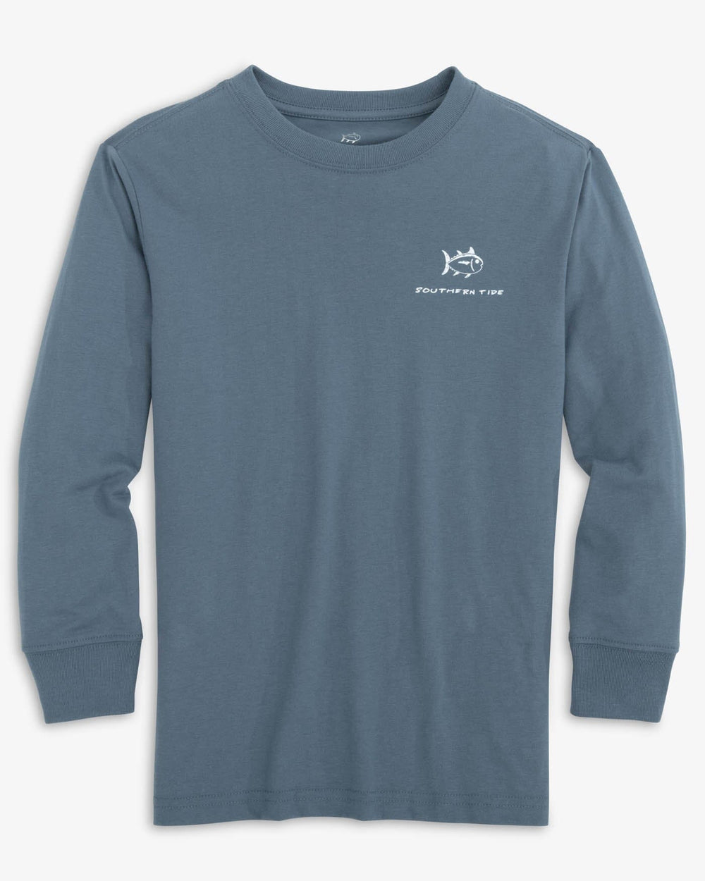 The front view of the Southern Tide Kids Jon Boat Fishing Long Sleeve T-Shirt by Southern Tide - Blue Haze