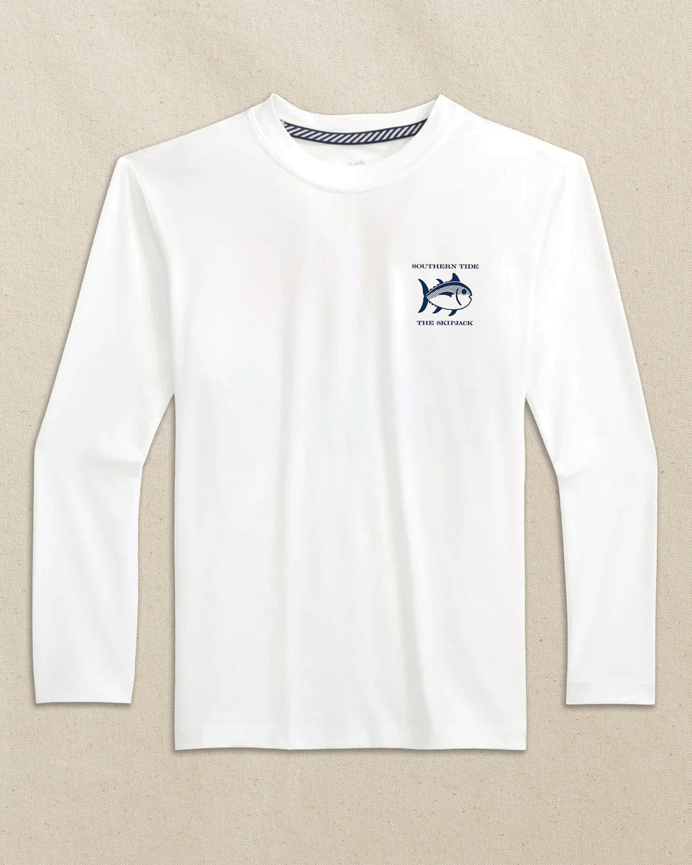 The front view of the Southern Tide Kids Keep It Reel Performance Long Sleeve T-Shirt by Southern Tide - Classic White