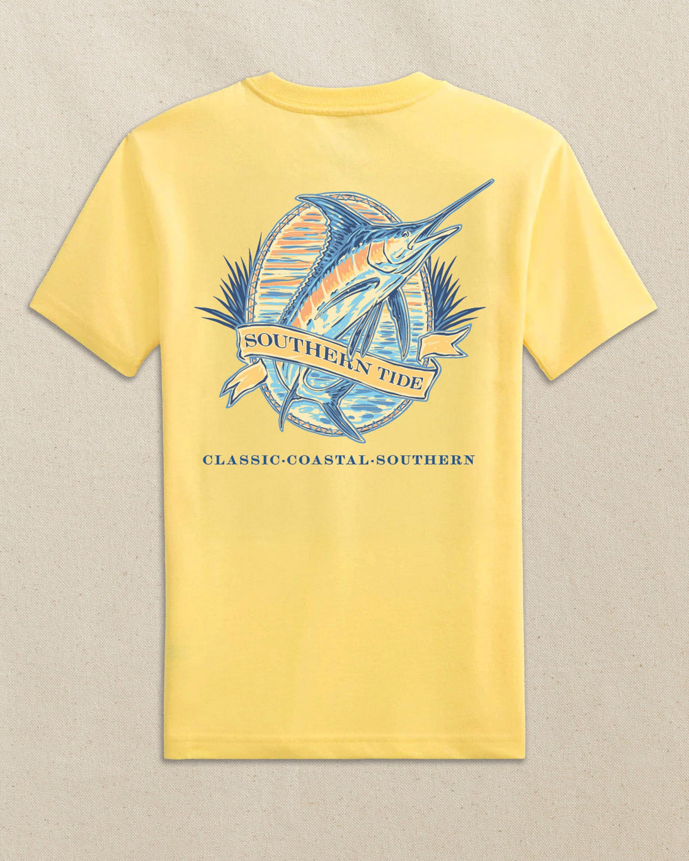 The back view of the Southern Tide Kids Marlin Badge Short Sleeve T-Shirt by Southern Tide - Sunshine