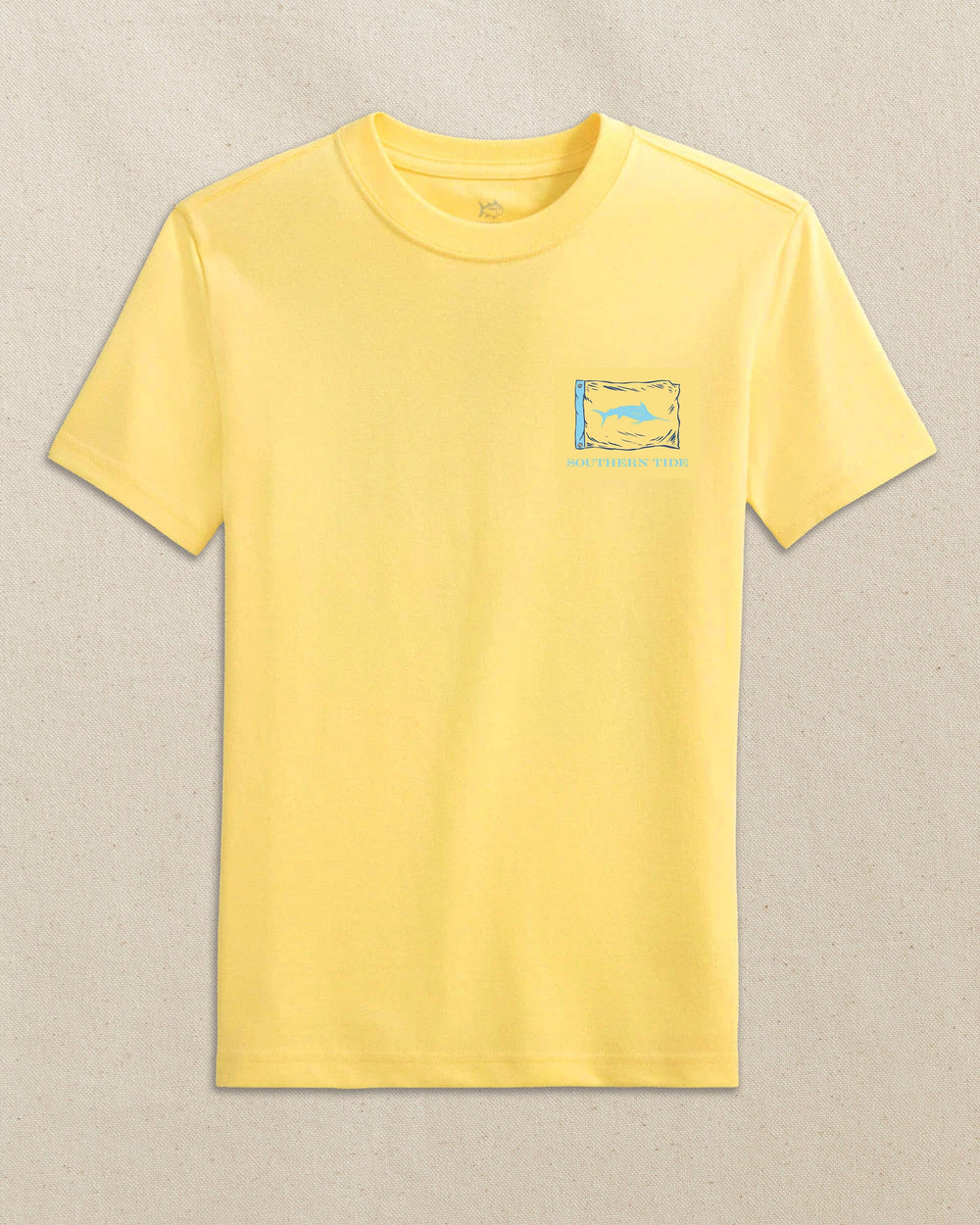The front view of the Southern Tide Kids Marlin Badge Short Sleeve T-Shirt by Southern Tide - Sunshine