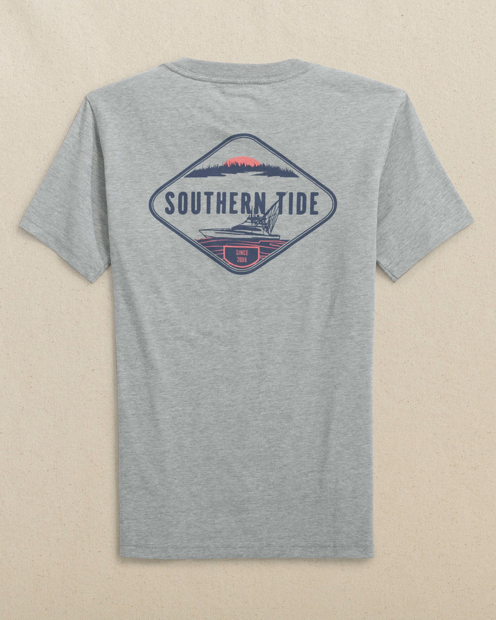 The back view of the Southern Tide Kids Marsh Boat Short Sleeve T-Shirt by Southern Tide - Heather Grey