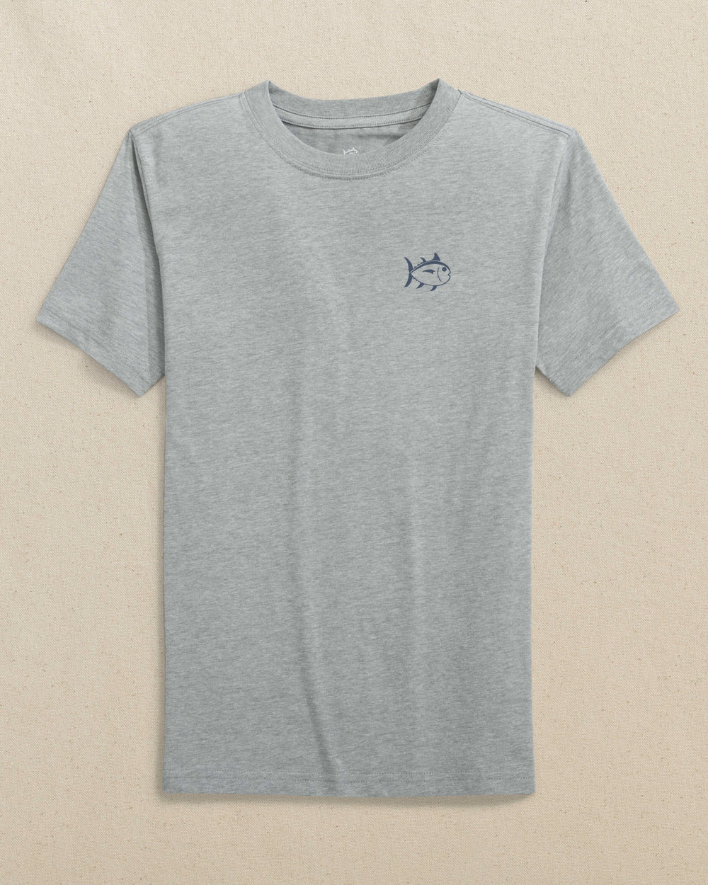 The front view of the Southern Tide Kids Marsh Boat Short Sleeve T-Shirt by Southern Tide - Heather Grey