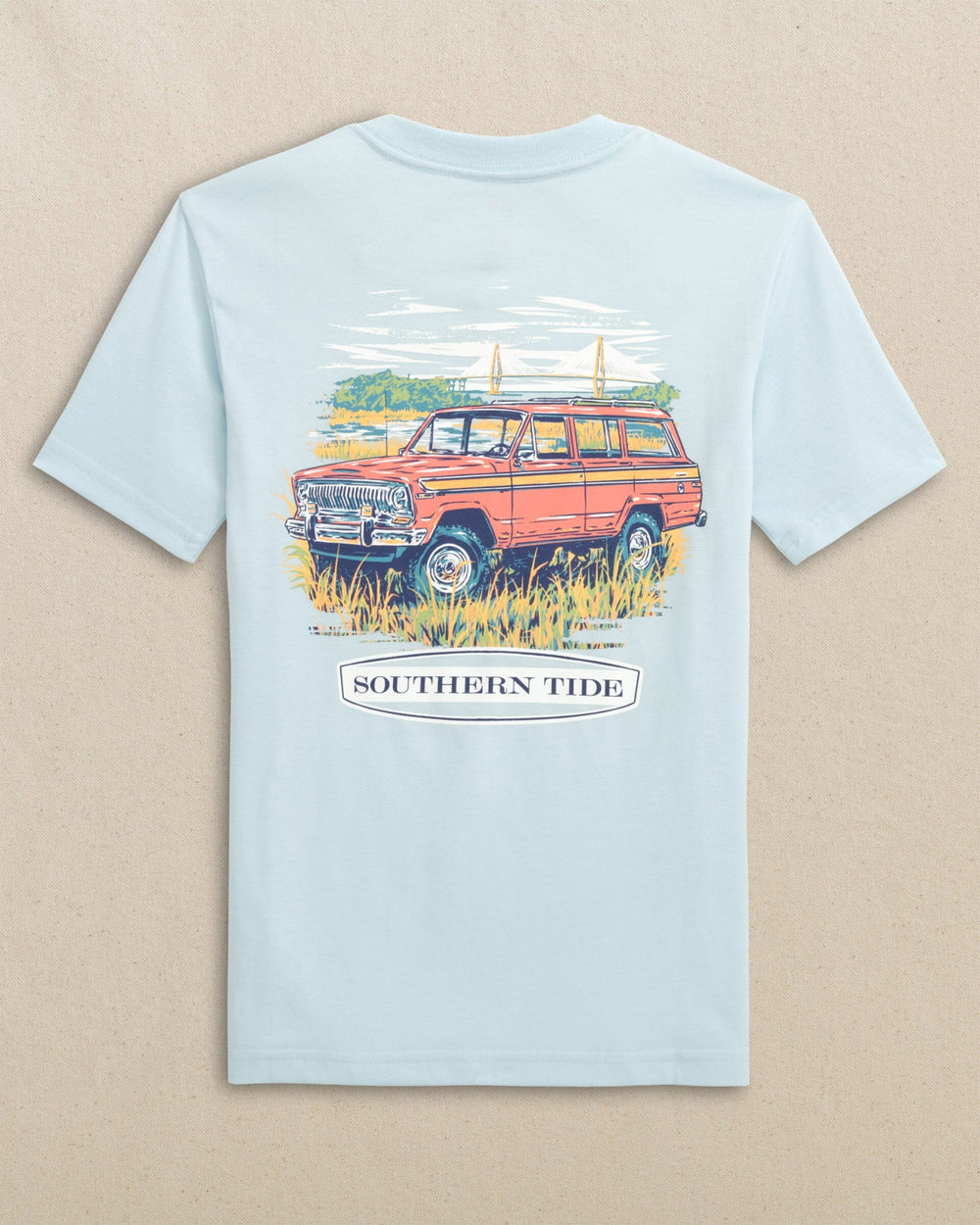 The back view of the Southern Tide Kids Marsh Wagon Short Sleeve T-Shirt by Southern Tide - Clear Day Blue