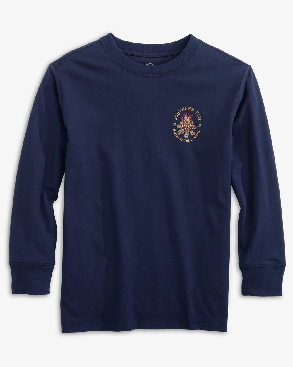 The front view of the Southern Tide Kids Master of the Campfire Long Sleeve T-Shirt by Southern Tide - Nautical Navy