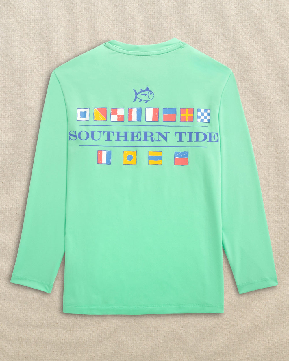 The back view of the Southern Tide Kids Nautical Flags Long Sleeve Performance T-Shirt by Southern Tide - Gulf Shores