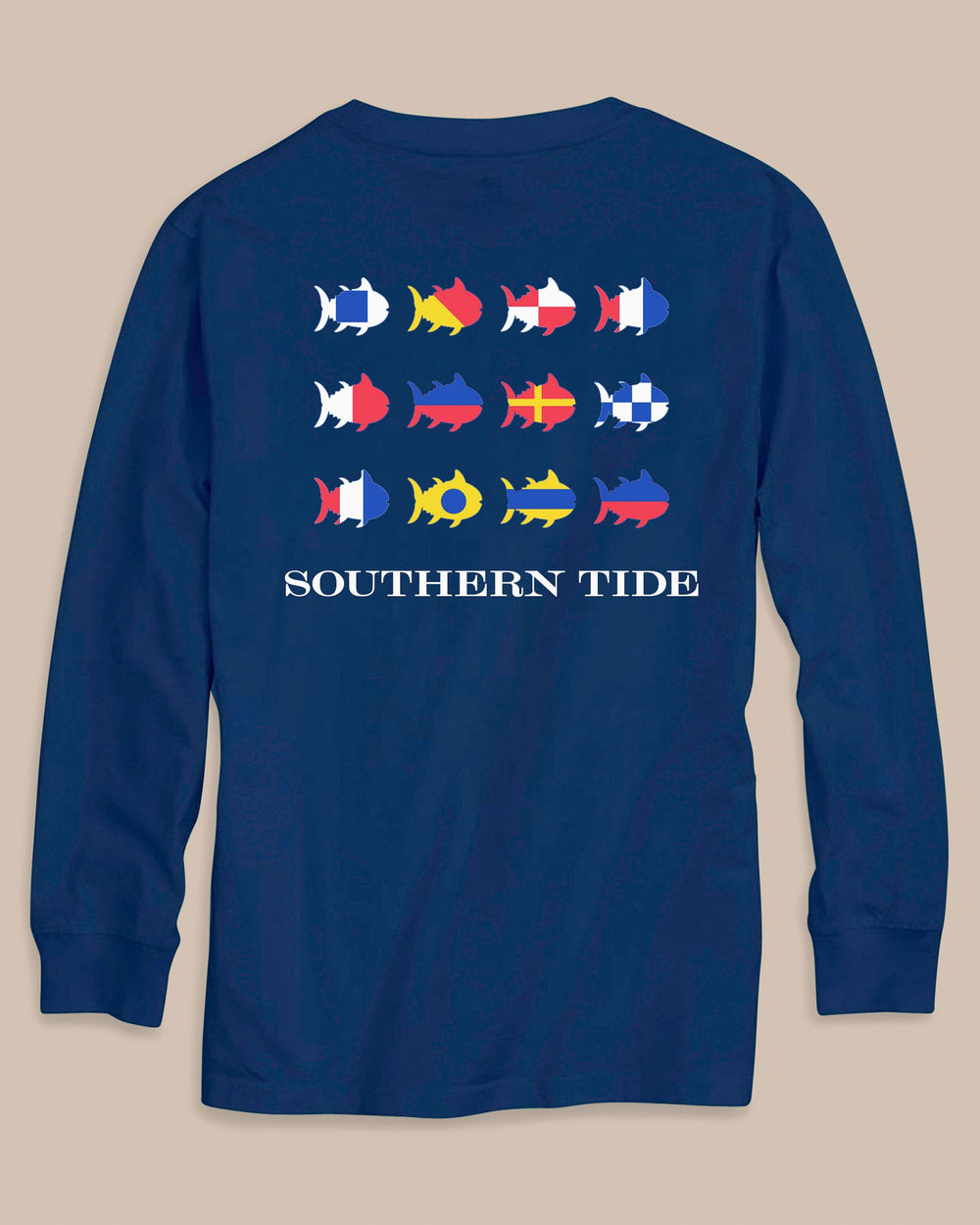The back view of the Southern Tide Kids Nautical Flags Long Sleeve T-Shirt by Southern Tide - Nautical Blue