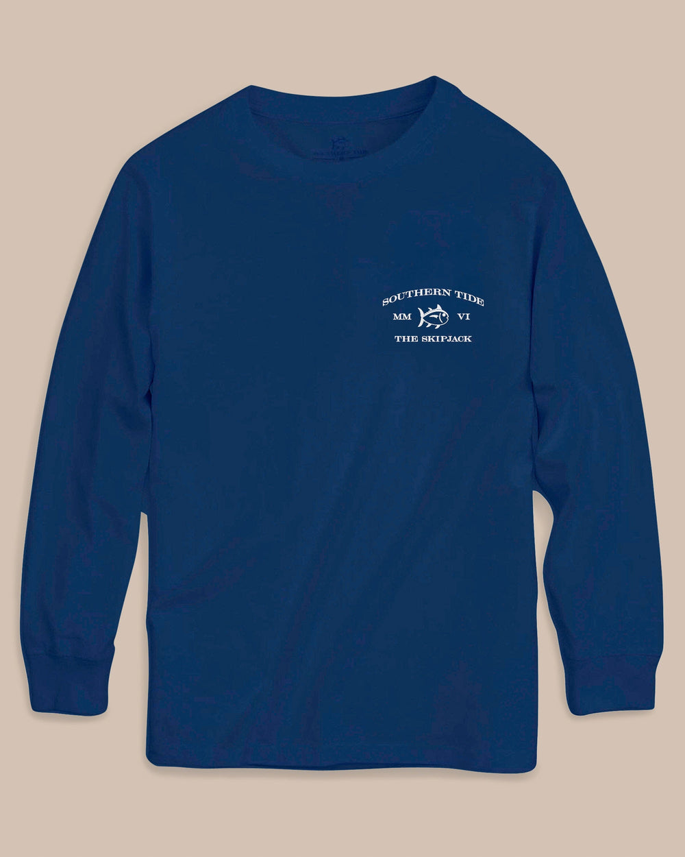 The front view of the Southern Tide Kids Nautical Flags Long Sleeve T-Shirt by Southern Tide - Nautical Blue