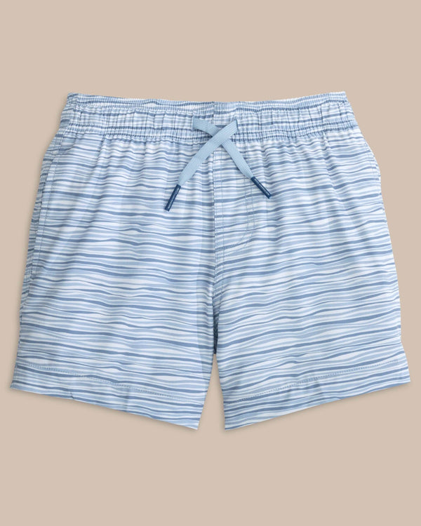 The front view of the Southern Tide Kids Ocean Water Stripe Swim Trunk by Southern Tide - Subdued Blue