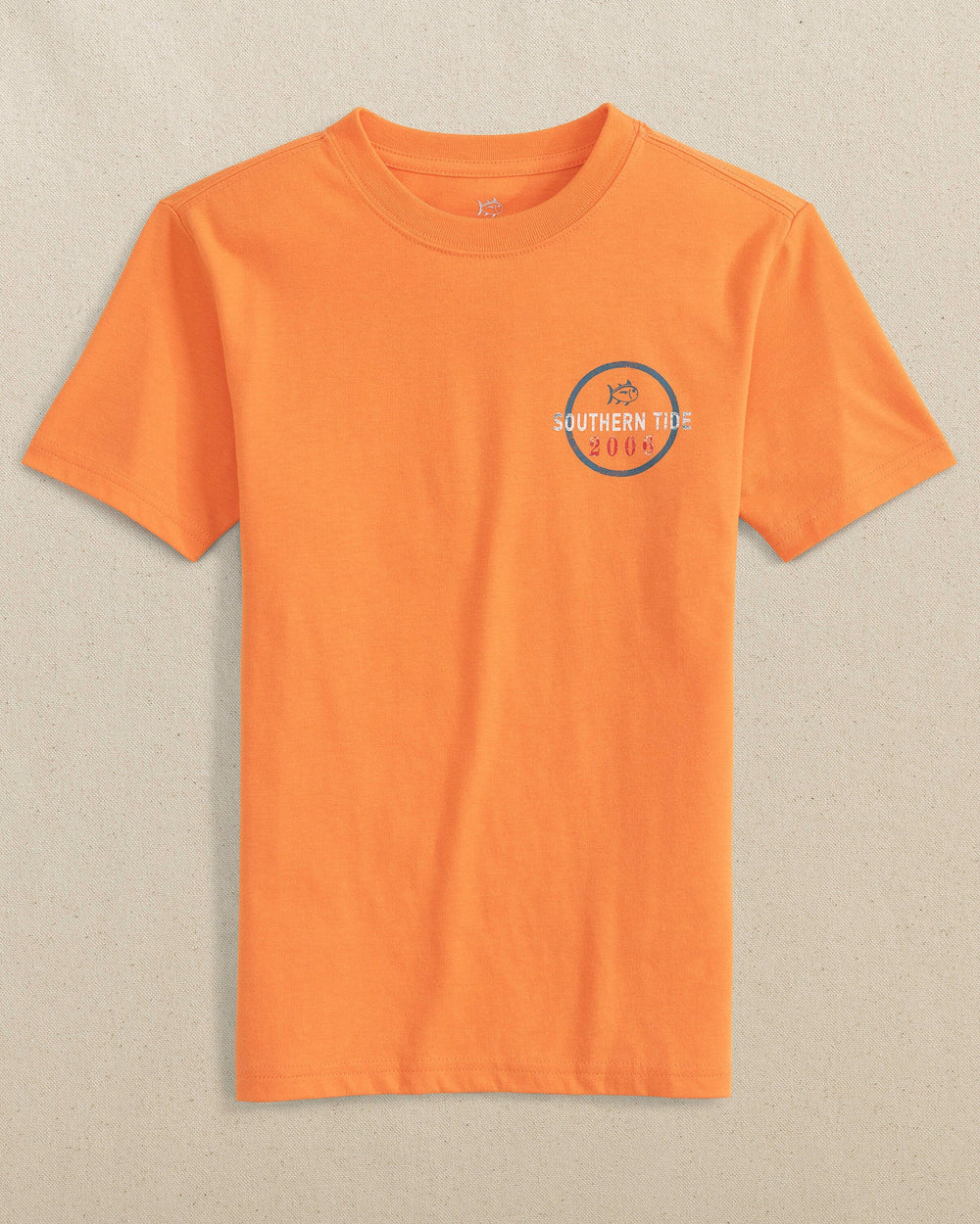 The front view of the Southern Tide Kids Official Fishing Badge Short Sleeve T-Shirt by Southern Tide - Papaya Orange