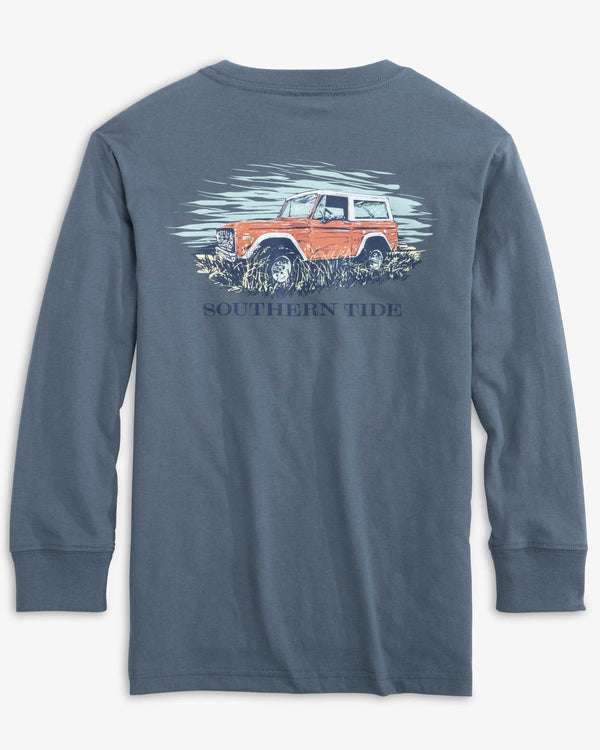 The back view of the Southern Tide Kids On Board for Off Roads Long Sleeve T-Shirt by Southern Tide - Blue Haze