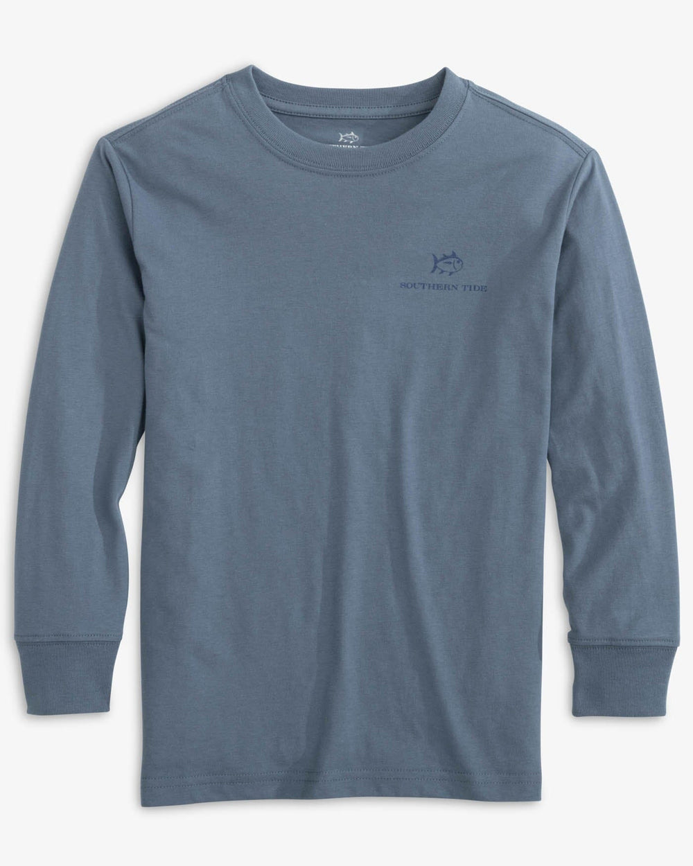 The front view of the Southern Tide Kids On Board for Off Roads Long Sleeve T-Shirt by Southern Tide - Blue Haze