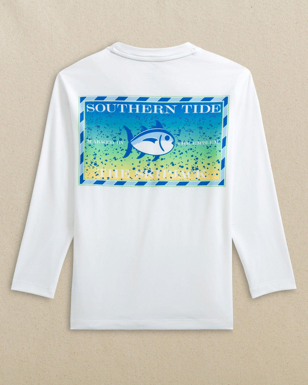 The back view of the Southern Tide Kids Original Skipjack Mahi Long Sleeve Performance T-Shirt by Southern Tide - Classic White