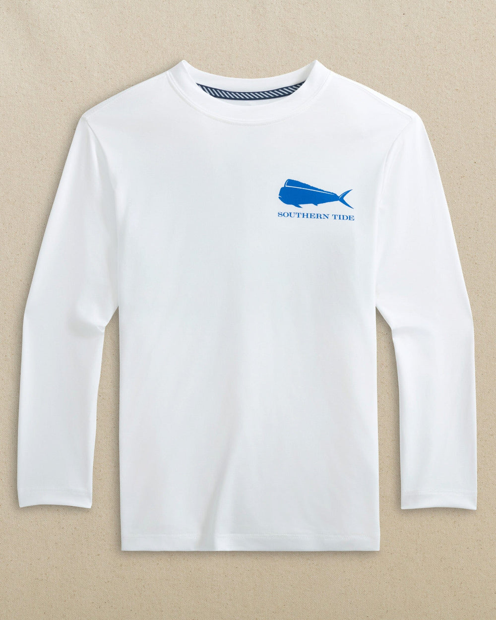 The front view of the Southern Tide Kids Original Skipjack Mahi Long Sleeve Performance T-Shirt by Southern Tide - Classic White