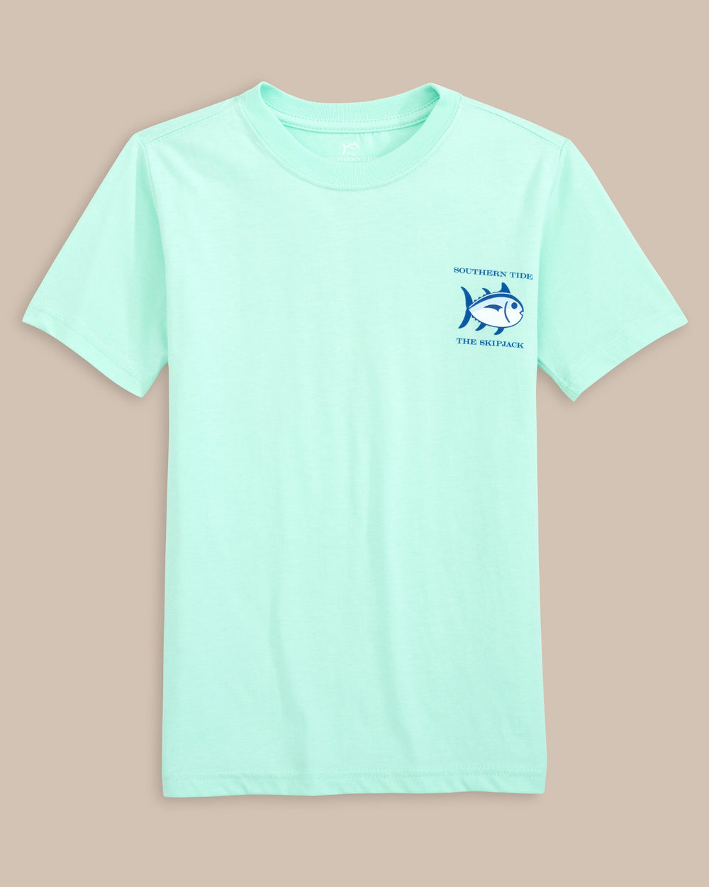 The front view of the Kid's Original Skipjack T-Shirt by Southern Tide - Offshore Green