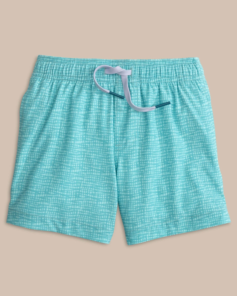 The front view of the Southern Tide Kids Painted Check Swim Trunk by Southern Tide - Wake Blue