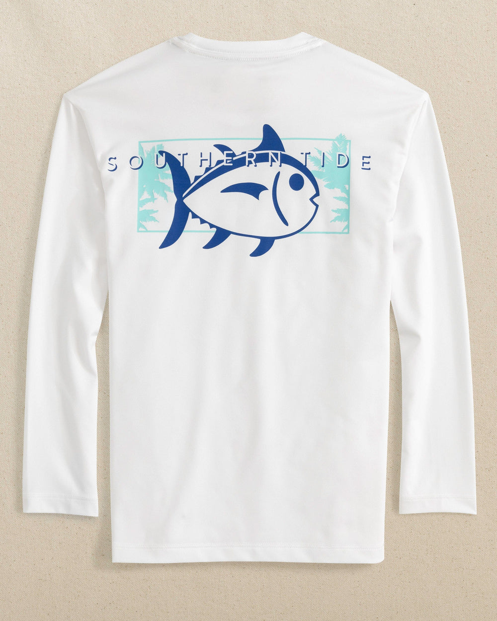 The back view of the Southern Tide Kids Palms and Skipjacks Long Sleeve Performance T-Shirt by Southern Tide - Classic White