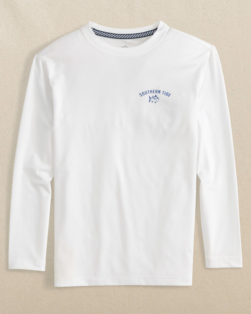 The front view of the Southern Tide Kids Palms and Skipjacks Long Sleeve Performance T-Shirt by Southern Tide - Classic White